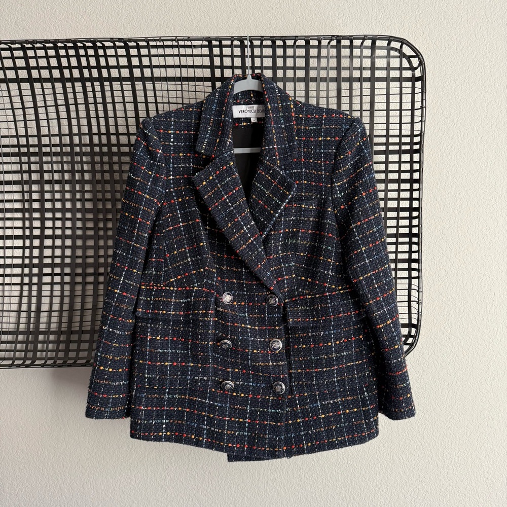 Veronica Beard Navy Multi Tweed Double-Breasted Blazer